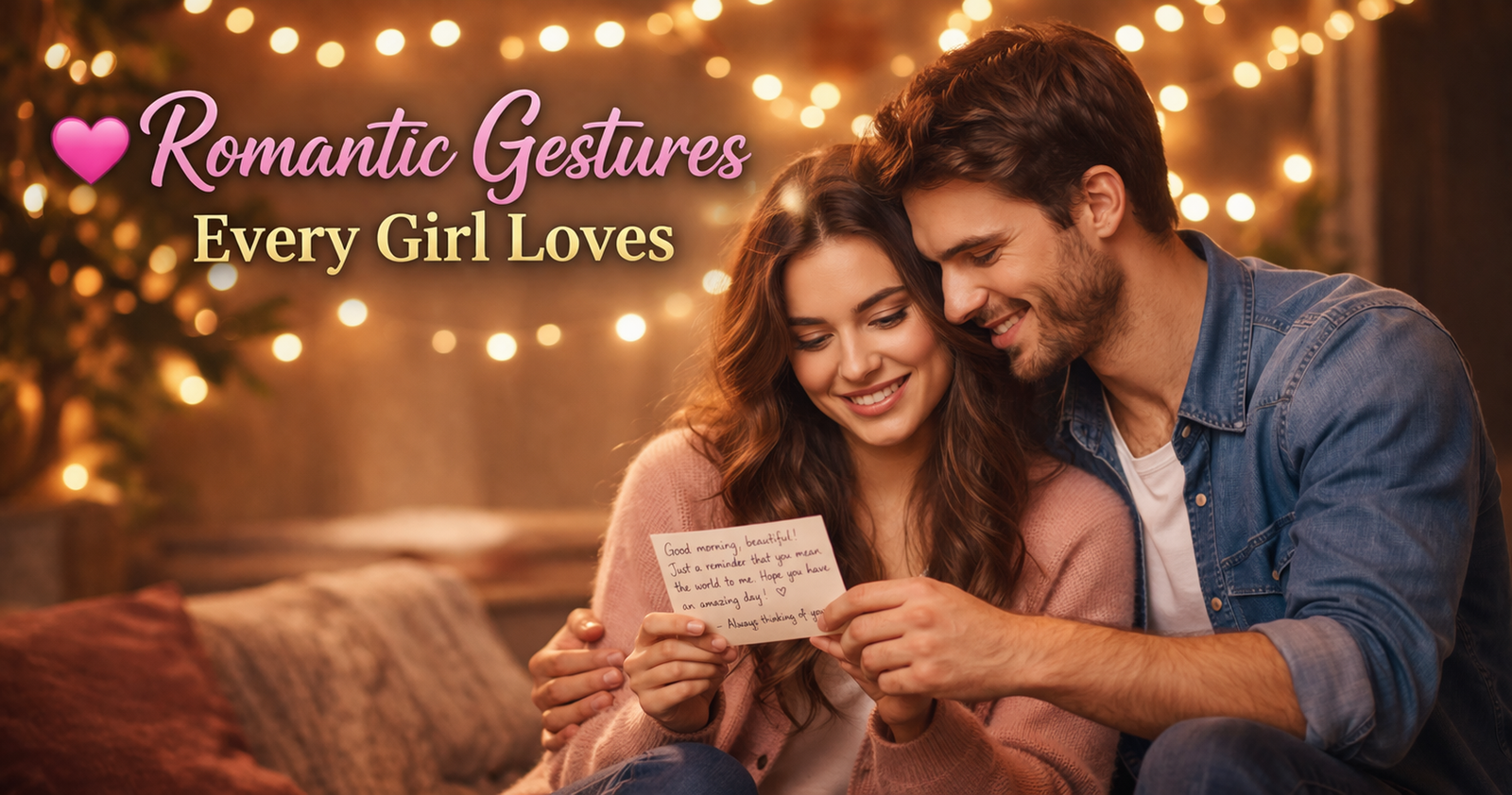 Couple sharing romantic moment with handwritten notes and flowers