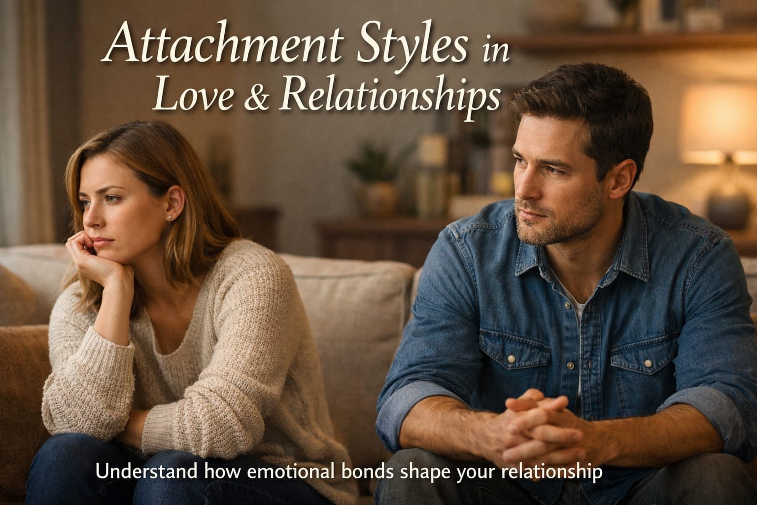 Realistic couple showing emotional distance and connection, attachment styles in relationships, relationship psychology concept