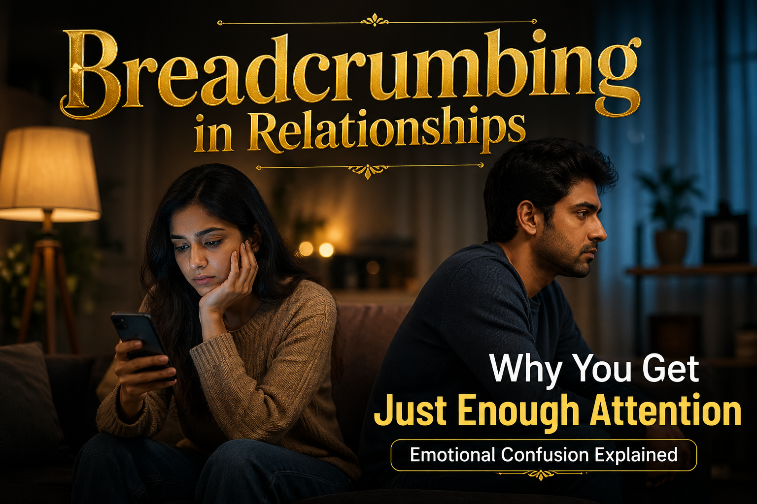 Couple sitting together but emotionally distant, woman checking phone feeling confused while partner looks away showing breadcrumbing relationship behavior