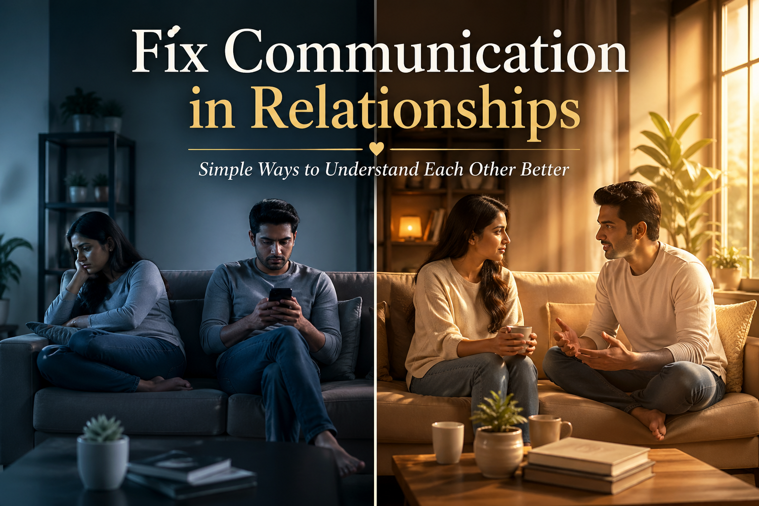 Indian couple showing communication problem and solution, relationship conflict on left side and healthy conversation on right side in indoor setting