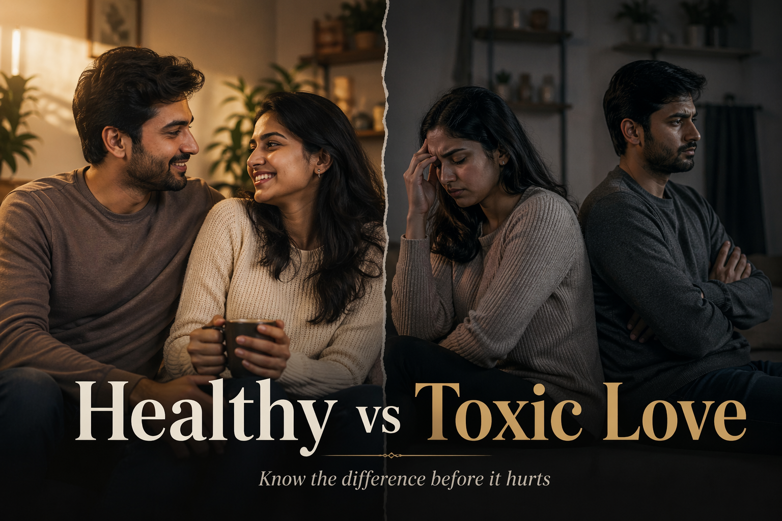 Healthy vs toxic love comparison showing happy couple on one side and stressed couple on other side