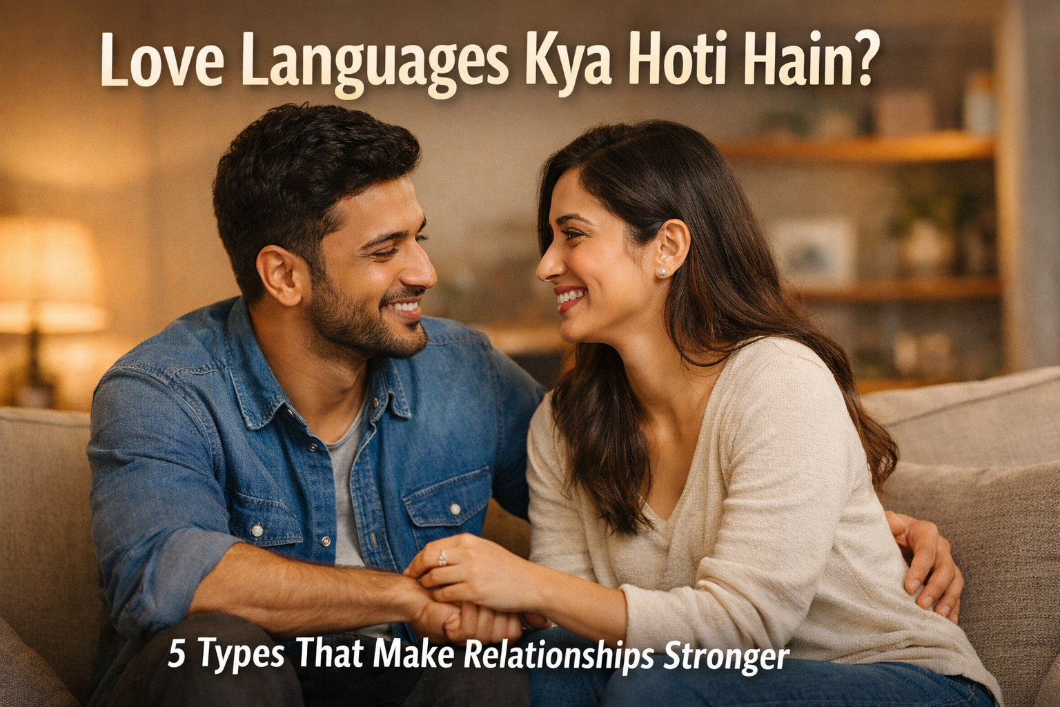 Romantic couple sitting together smiling and talking about love languages in a modern home