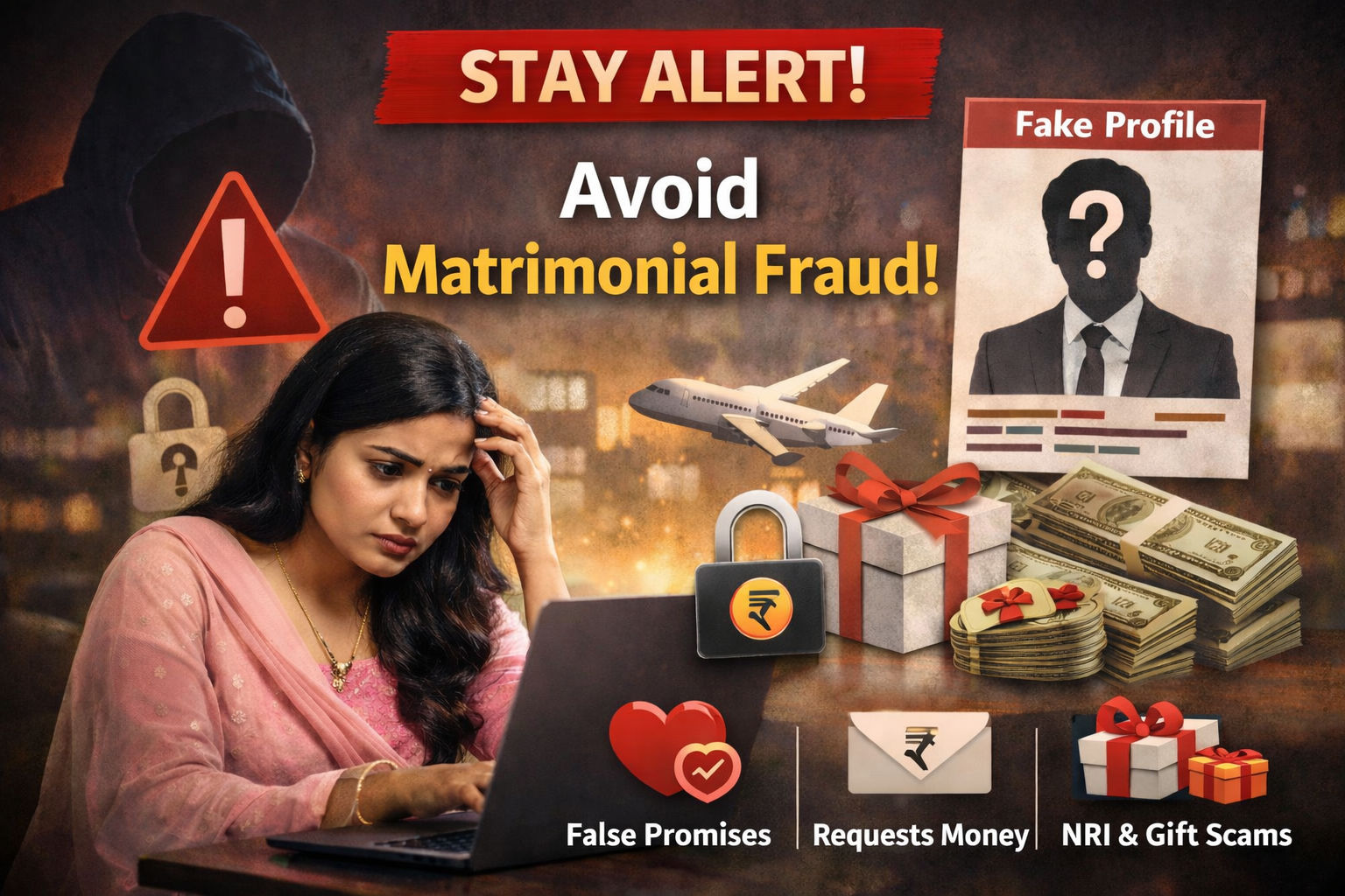 Woman worried about fake matrimonial profile and online fraud warning