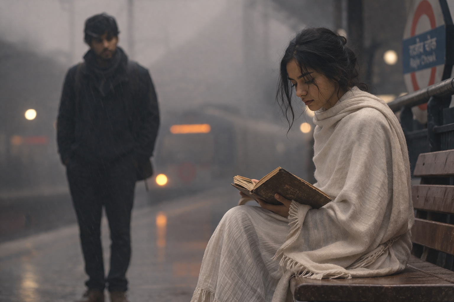 Sad girl sitting at a metro station and a man reading a goodbye letter in a foggy emotional scene