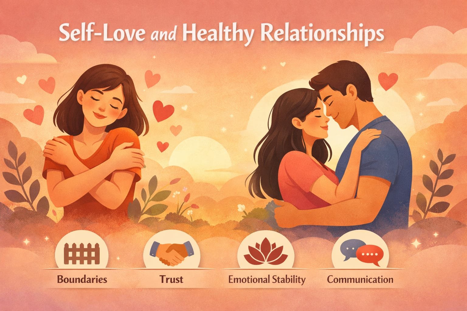 Illustration showing self-love and its role in healthy relationships with a woman embracing herself and a loving couple symbolizing trust, emotional stability, and communication