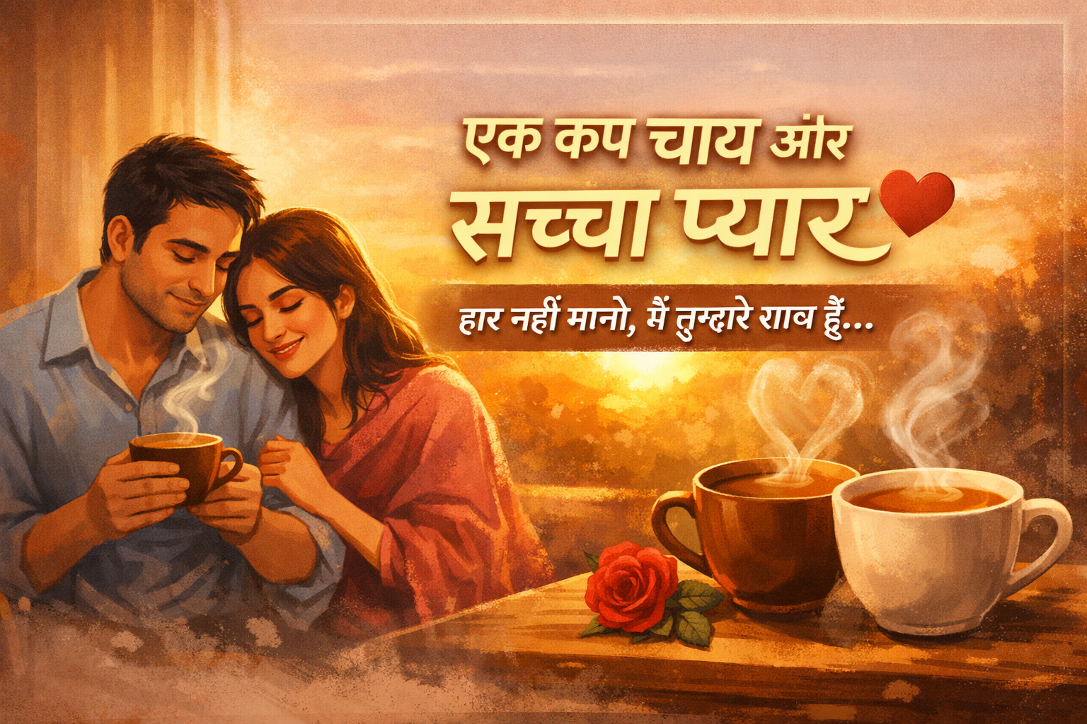 एक कप चाय और सच्चा प्यार – सुबह का प्यारा दृश्य जिसमें कप चाय, प्यार भरी नजरें और सूरज की पहली किरणें दिखाई दे रही हैं