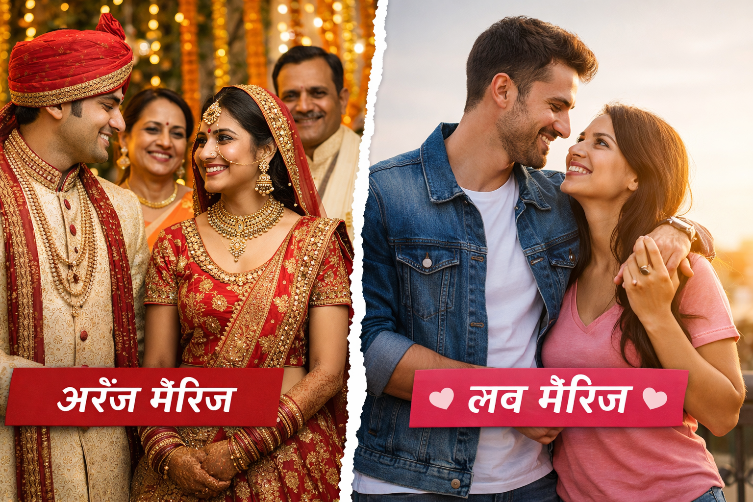 Arranged Marriage vs Love Marriage comparison showing traditional arranged wedding couple with family and modern love marriage couple