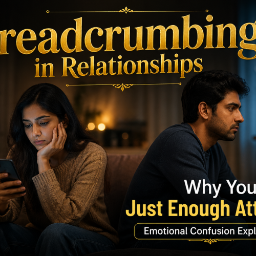 Couple sitting together but emotionally distant, woman checking phone feeling confused while partner looks away showing breadcrumbing relationship behavior