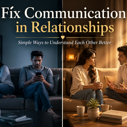 Indian couple showing communication problem and solution, relationship conflict on left side and healthy conversation on right side in indoor setting