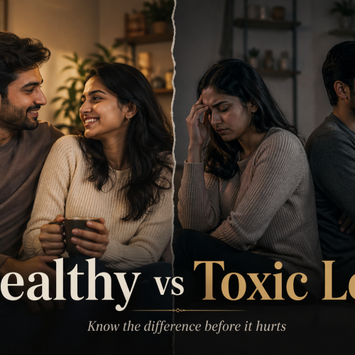 Healthy vs toxic love comparison showing happy couple on one side and stressed couple on other side
