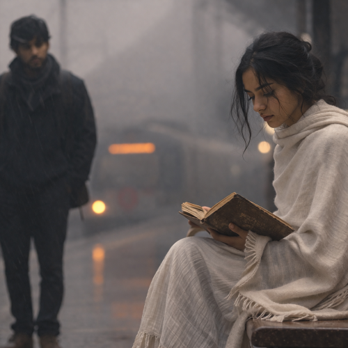 Sad girl sitting at a metro station and a man reading a goodbye letter in a foggy emotional scene