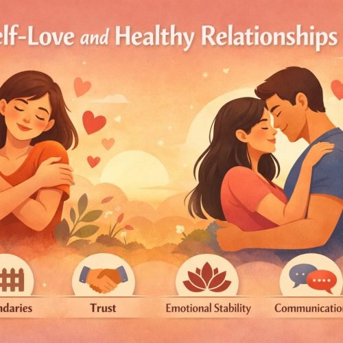 Illustration showing self-love and its role in healthy relationships with a woman embracing herself and a loving couple symbolizing trust, emotional stability, and communication