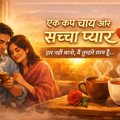 एक कप चाय और सच्चा प्यार – सुबह का प्यारा दृश्य जिसमें कप चाय, प्यार भरी नजरें और सूरज की पहली किरणें दिखाई दे रही हैं