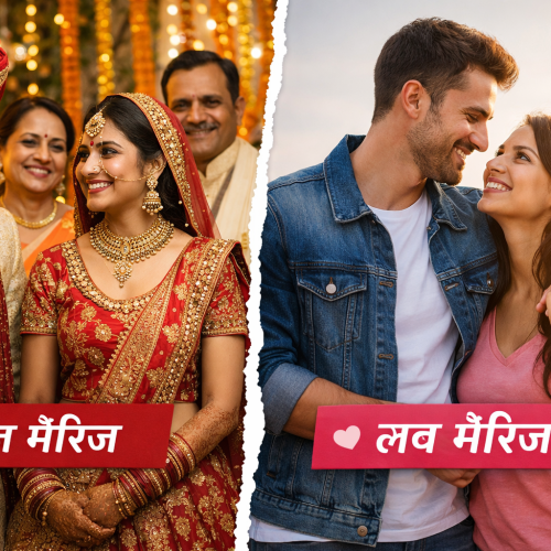 Arranged Marriage vs Love Marriage comparison showing traditional arranged wedding couple with family and modern love marriage couple
